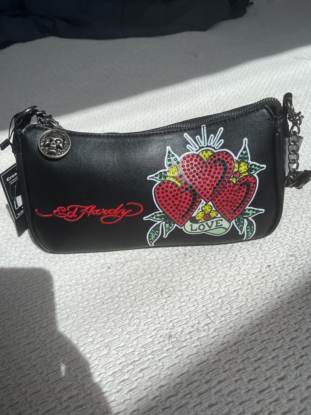Ed Hardy black leather Red Hearts and Love Rhinestone bag NWT